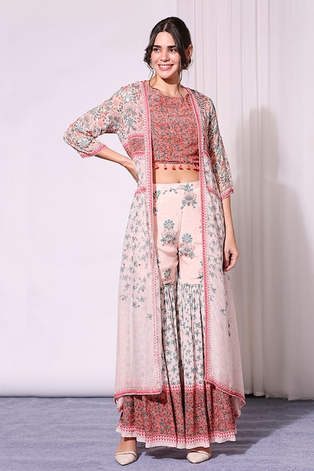 Soup By Sougat Paul_Pink Crepe, Chiffon Round Printed Jacket And Sharara Set _Online_at_Aza_Fashions