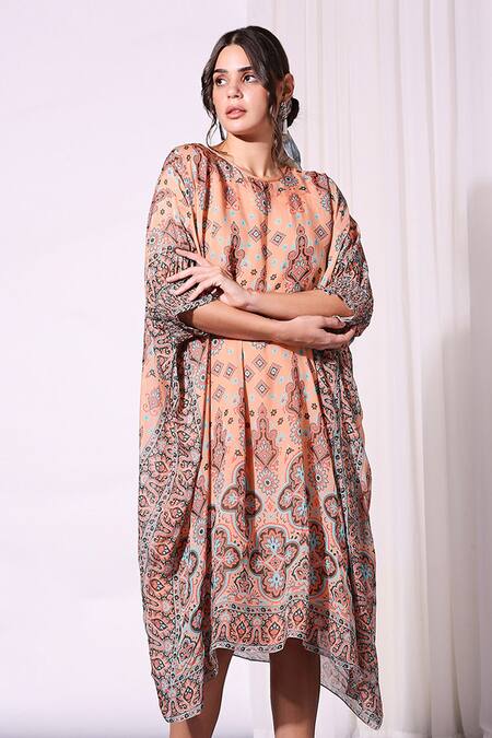 Soup By Sougat Paul_Peach Chiffon V Neck Printed Kaftan _Online_at_Aza_Fashions