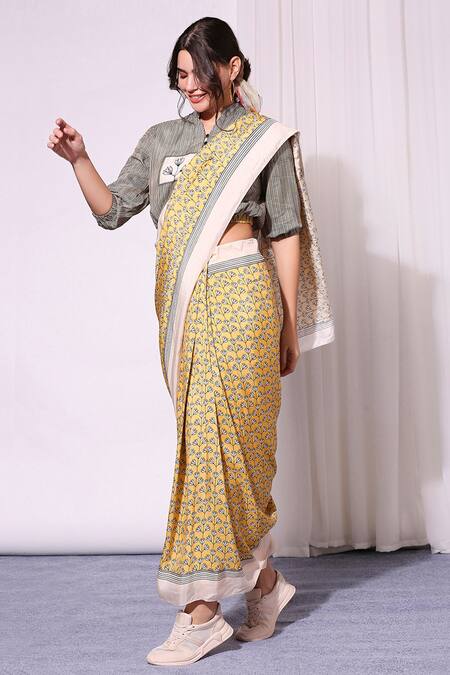 Soup By Sougat Paul_Yellow Tussar Mandarin Collar Pre-draped Saree With Blouse _Online_at_Aza_Fashions