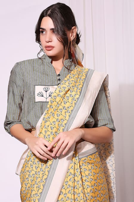 Buy_Soup By Sougat Paul_Yellow Tussar Mandarin Collar Pre-draped Saree With Blouse _Online_at_Aza_Fashions