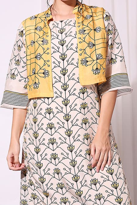 Shop_Soup By Sougat Paul_Yellow Tussar Round Printed Jacket And Kurta Set _Online_at_Aza_Fashions