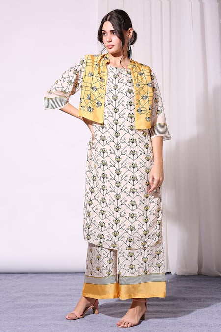 Buy_Soup By Sougat Paul_Yellow Tussar Round Printed Jacket And Kurta Set _Online_at_Aza_Fashions