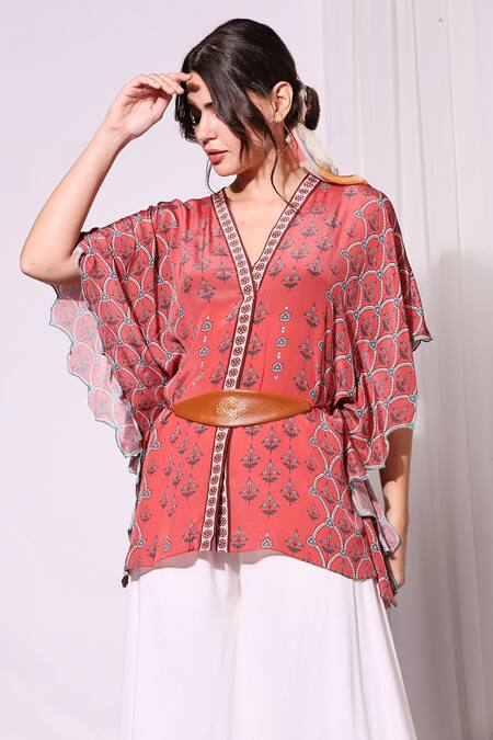 Soup By Sougat Paul_Red Crepe, Rayon V Neck Printed Kaftan And Pant Set _Online_at_Aza_Fashions