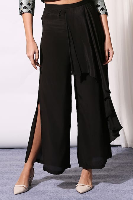 Soup By Sougat Paul_Blue Crepe, Malaysian Silk Stand Collar Cropped Jacket And Pant Set _at_Aza_Fashions