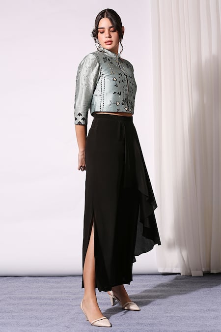 Soup By Sougat Paul_Blue Crepe, Malaysian Silk Stand Collar Cropped Jacket And Pant Set _Online_at_Aza_Fashions