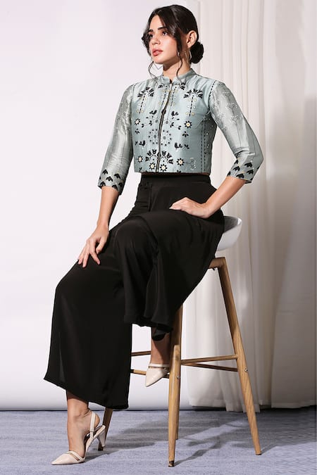 Buy_Soup By Sougat Paul_Blue Crepe, Malaysian Silk Stand Collar Cropped Jacket And Pant Set _Online_at_Aza_Fashions