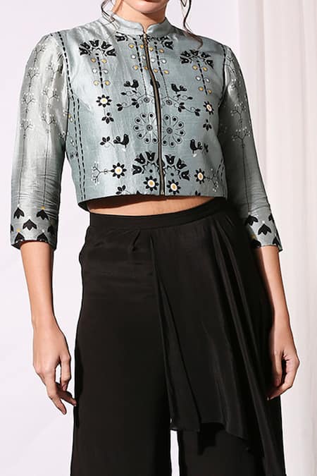 Shop_Soup By Sougat Paul_Blue Crepe, Malaysian Silk Stand Collar Cropped Jacket And Pant Set _Online_at_Aza_Fashions