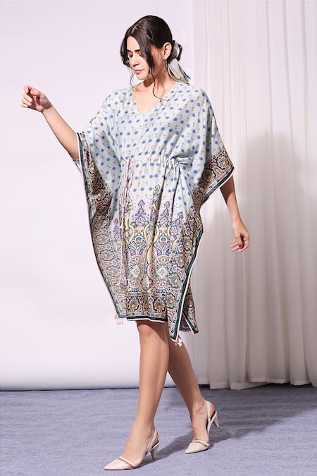 Soup By Sougat Paul_Blue Cotton Silk V Neck Printed Kaftan  _Online_at_Aza_Fashions