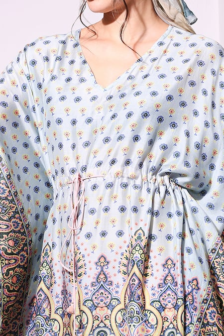 Buy_Soup By Sougat Paul_Blue Cotton Silk V Neck Printed Kaftan  _Online_at_Aza_Fashions