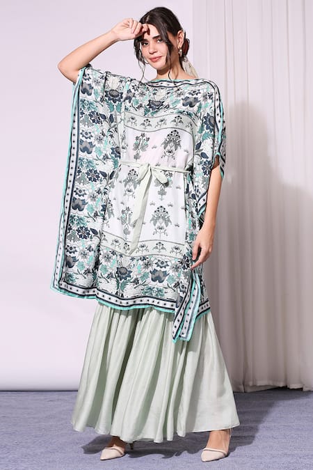 Soup By Sougat Paul_Green Cotton Silk Round Printed Kaftan And Pant Set _Online_at_Aza_Fashions