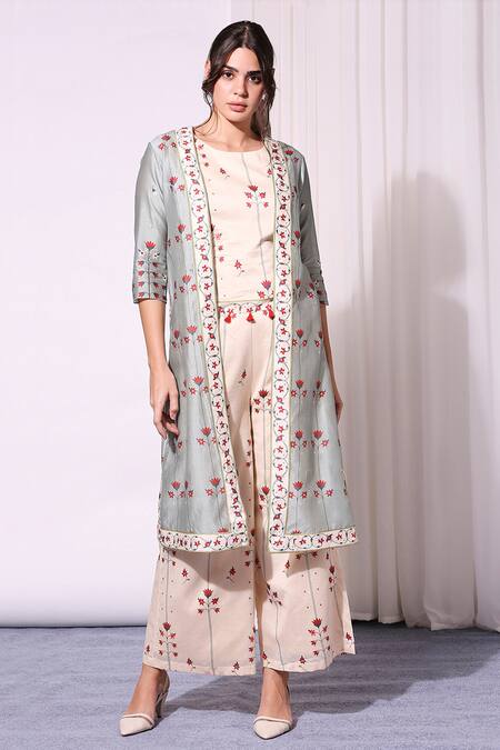 Soup By Sougat Paul_Blue Chanderi Round Printed Jacket And Pant Set _Online_at_Aza_Fashions
