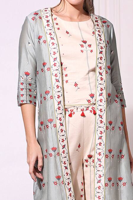 Shop_Soup By Sougat Paul_Blue Chanderi Round Printed Jacket And Pant Set _Online_at_Aza_Fashions