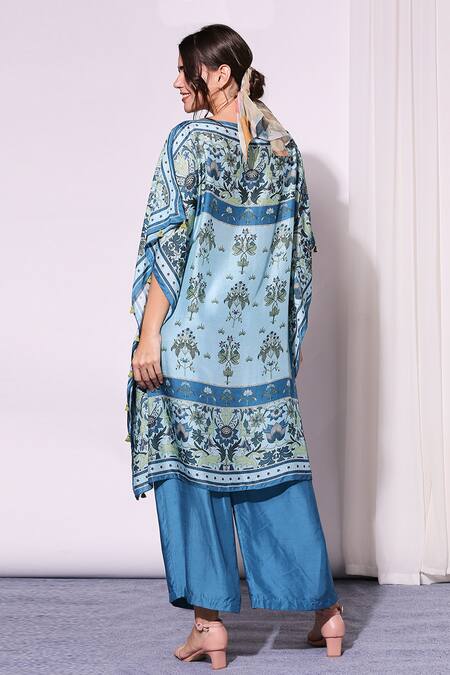 Shop Soup By Sougat Paul Blue Cotton Silk Round Printed Kaftan And Pant Set at Aza Fashions Shop_Soup By Sougat Paul_Blue Cotton Silk Round Printed Kaftan And Pant Set _at_Aza_Fashions
