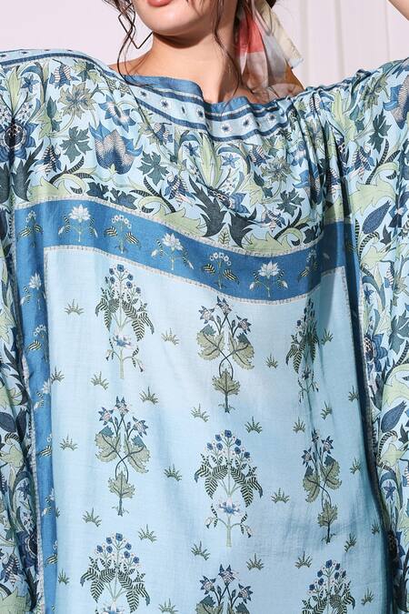 Soup By Sougat Paul Blue Cotton Silk Round Printed Kaftan And Pant Set Online at Aza Fashions Soup By Sougat Paul_Blue Cotton Silk Round Printed Kaftan And Pant Set _Online_at_Aza_Fashions