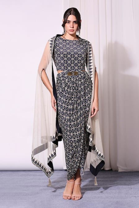 Soup By Sougat Paul_Blue Net, Crepe Round Draped Dress With Jacket _Online_at_Aza_Fashions