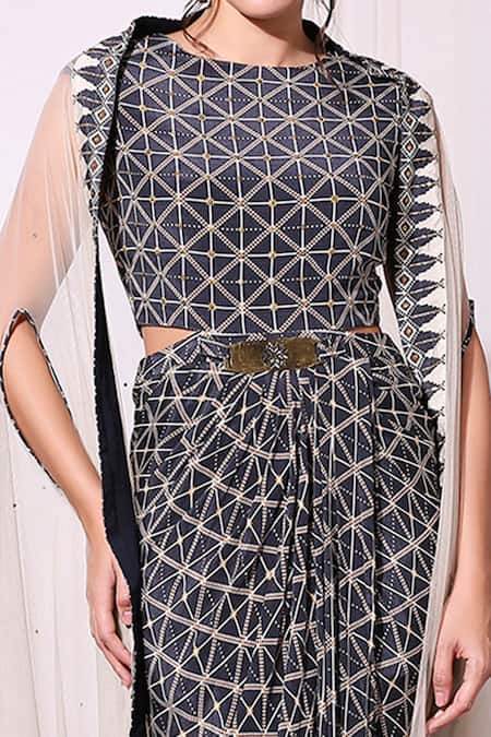 Shop_Soup By Sougat Paul_Blue Net, Crepe Round Draped Dress With Jacket _Online_at_Aza_Fashions