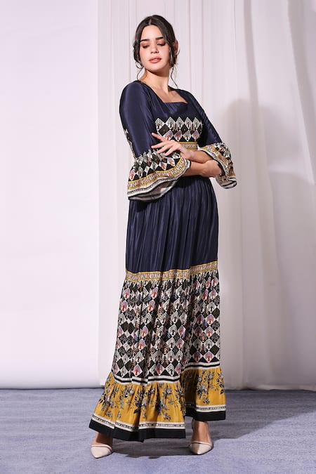 Soup By Sougat Paul_Blue Net, Crepe Square Neck Printed Lehenga Set _Online_at_Aza_Fashions
