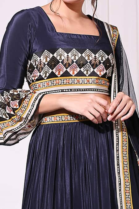 Soup By Sougat Paul_Blue Net, Crepe Square Neck Printed Lehenga Set _at_Aza_Fashions