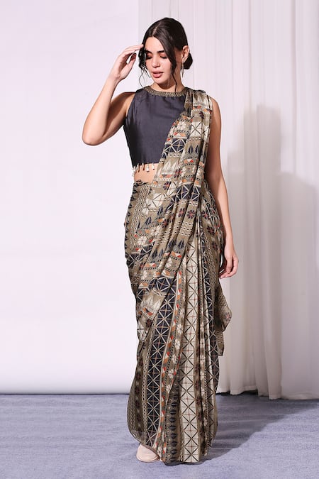 Soup by Sougat Paul Beige Malaysian Silk Embroidery Round Pre-draped Saree With Blouse
