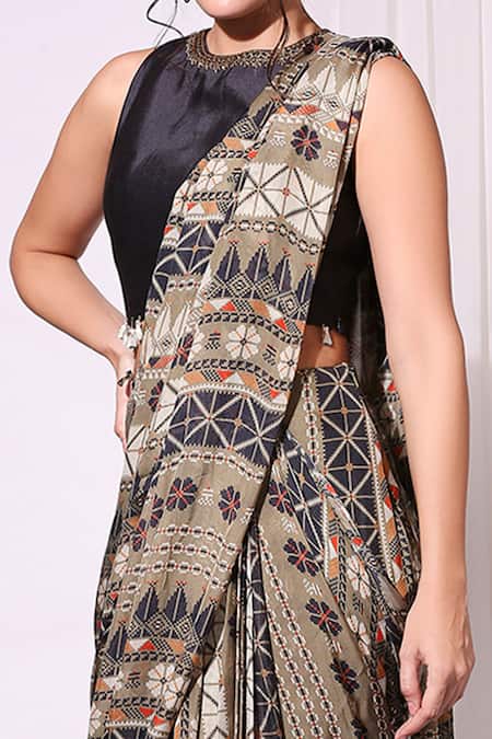 Shop_Soup By Sougat Paul_Beige Chiffon, Malaysian Silk Round Pre-draped Saree With Blouse _Online_at_Aza_Fashions