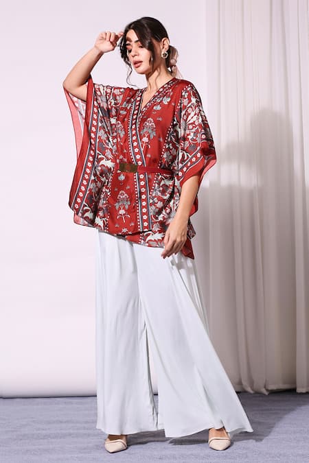 Soup by Sougat Paul Red Cotton Silk Embroidery V Neck Printed Kaftan And Pant Set 