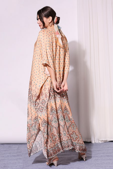 Shop Soup By Sougat Paul Peach Cotton Silk Sweetheart Neck Printed Cape And Draped Pant Set at Aza Fashions Shop_Soup By Sougat Paul_Peach Cotton Silk Sweetheart Neck Printed Cape And Draped Pant Set _at_Aza_Fashions