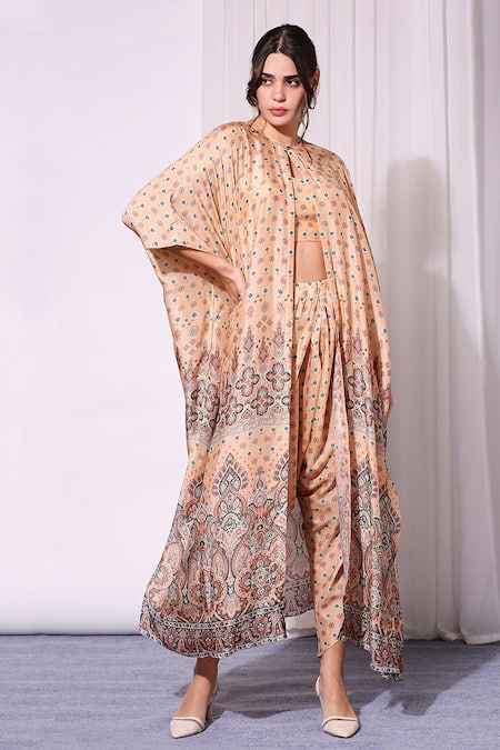 Soup By Sougat Paul Peach Cotton Silk Sweetheart Neck Printed Cape And Draped Pant Set Online at Aza Fashions Soup By Sougat Paul_Peach Cotton Silk Sweetheart Neck Printed Cape And Draped Pant Set _Online_at_Aza_Fashions