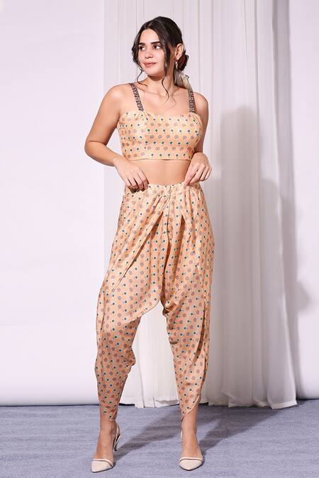 Buy Soup By Sougat Paul Peach Cotton Silk Sweetheart Neck Printed Cape And Draped Pant Set Online at Aza Fashions Buy_Soup By Sougat Paul_Peach Cotton Silk Sweetheart Neck Printed Cape And Draped Pant Set _Online_at_Aza_Fashions