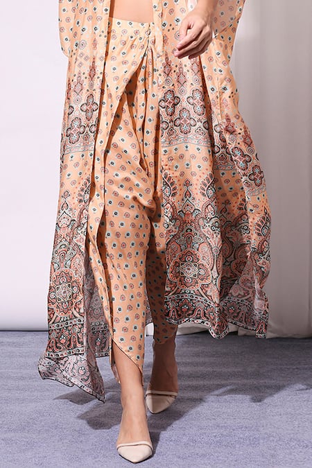 Soup By Sougat Paul Peach Cotton Silk Sweetheart Neck Printed Cape And Draped Pant Set at Aza Fashions Soup By Sougat Paul_Peach Cotton Silk Sweetheart Neck Printed Cape And Draped Pant Set _at_Aza_Fashions
