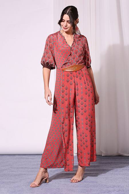 Soup By Sougat Paul_Red Crepe V Neck Printed Jumpsuit _Online_at_Aza_Fashions