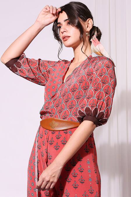 Buy_Soup By Sougat Paul_Red Crepe V Neck Printed Jumpsuit _Online_at_Aza_Fashions