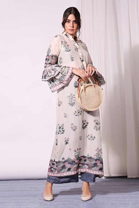 Soup By Sougat Paul_White Twill, Linen Band Collar Printed Kurta And Pant Set _Online_at_Aza_Fashions