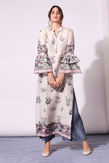 Buy_Soup By Sougat Paul_White Twill, Linen Band Collar Printed Kurta And Pant Set _Online_at_Aza_Fashions