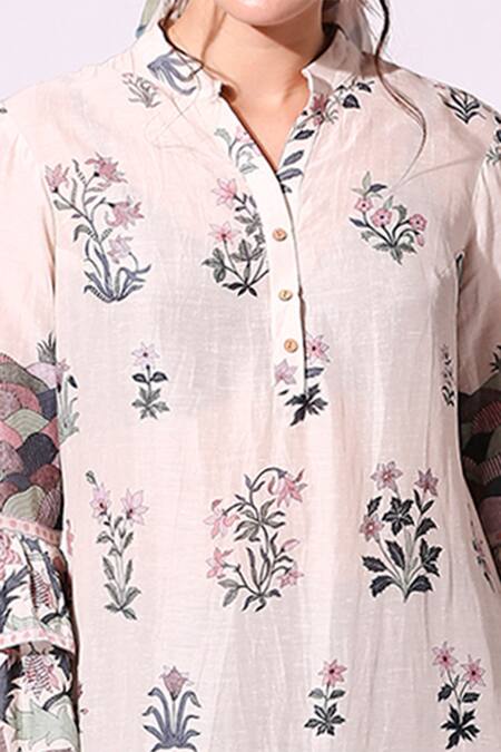 Shop_Soup By Sougat Paul_White Twill, Linen Band Collar Printed Kurta And Pant Set _Online_at_Aza_Fashions