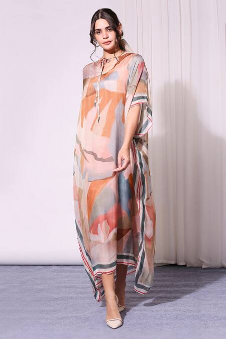 Soup By Sougat Paul_Multi Color Chiffon Round Printed Kaftan _Online_at_Aza_Fashions
