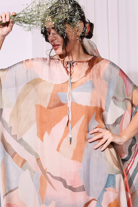 Buy_Soup By Sougat Paul_Multi Color Chiffon Round Printed Kaftan _Online_at_Aza_Fashions