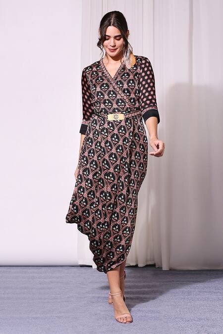 Soup By Sougat Paul_Black Satin V Neck Floral Print Draped Dress _Online_at_Aza_Fashions
