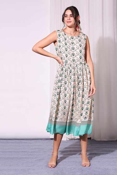 Soup By Sougat Paul_White Tussar Dress Round Jacket Mandarin Collar Printed With _Online_at_Aza_Fashions