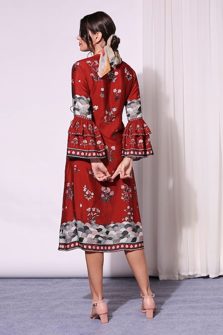 Shop_Soup by Sougat Paul_Red Linen V Neck Floral Print Wrap Dress _at_Aza_Fashions