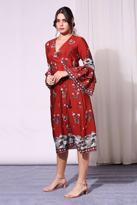 Soup by Sougat Paul_Red Linen V Neck Floral Print Wrap Dress _Online_at_Aza_Fashions