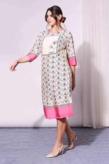 Soup By Sougat Paul Pink Tussar Round Floral Print Dress Online at Aza Fashions Soup By Sougat Paul_Pink Tussar Round Floral Print Dress _Online_at_Aza_Fashions