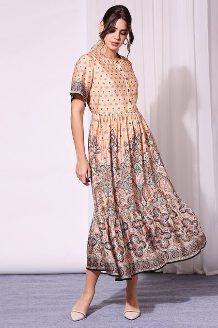 Soup By Sougat Paul_Beige Chanderi Round Printed Dress _Online_at_Aza_Fashions