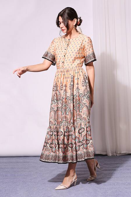 Buy_Soup By Sougat Paul_Beige Chanderi Round Printed Dress _Online_at_Aza_Fashions