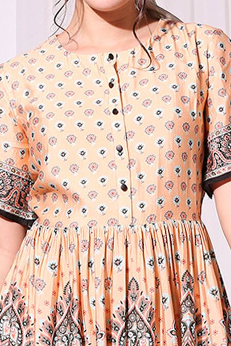 Shop_Soup By Sougat Paul_Beige Chanderi Round Printed Dress _Online_at_Aza_Fashions