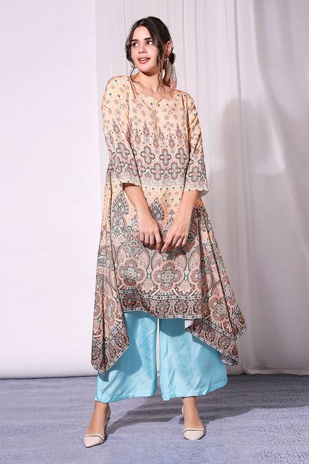 Soup By Sougat Paul_Beige Chanderi, Twill Round Asymmetric Kurta And Palazzo Set _Online_at_Aza_Fashions