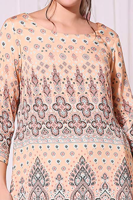 Soup By Sougat Paul_Beige Chanderi, Twill Round Asymmetric Kurta And Palazzo Set _at_Aza_Fashions