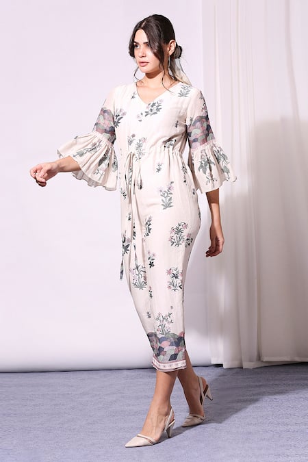 Soup By Sougat Paul_White Linen V Neck Floral Print Jumpsuit _Online_at_Aza_Fashions