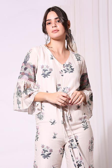 Buy_Soup By Sougat Paul_White Linen V Neck Floral Print Jumpsuit _Online_at_Aza_Fashions