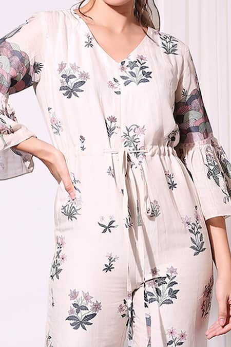 Shop_Soup By Sougat Paul_White Linen V Neck Floral Print Jumpsuit _Online_at_Aza_Fashions