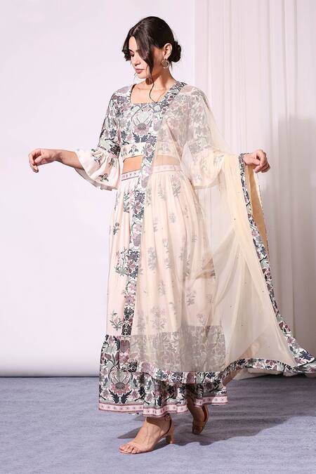 Soup By Sougat Paul_Beige Net, Chanderi Square Neck Floral Print Lehenga Set _Online_at_Aza_Fashions